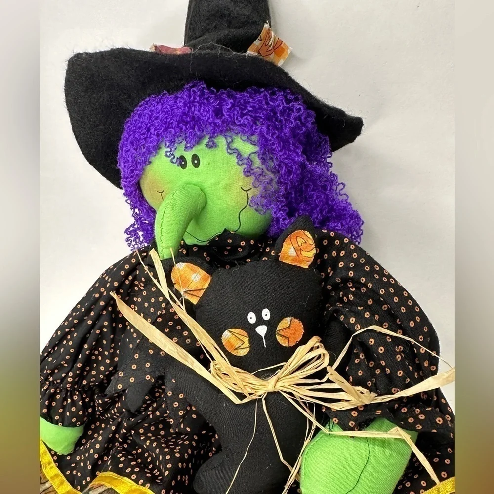 Halloween Witch Plushie 20” w/ Black Cat Shelf Sitter Husk Bow Tie Autumn